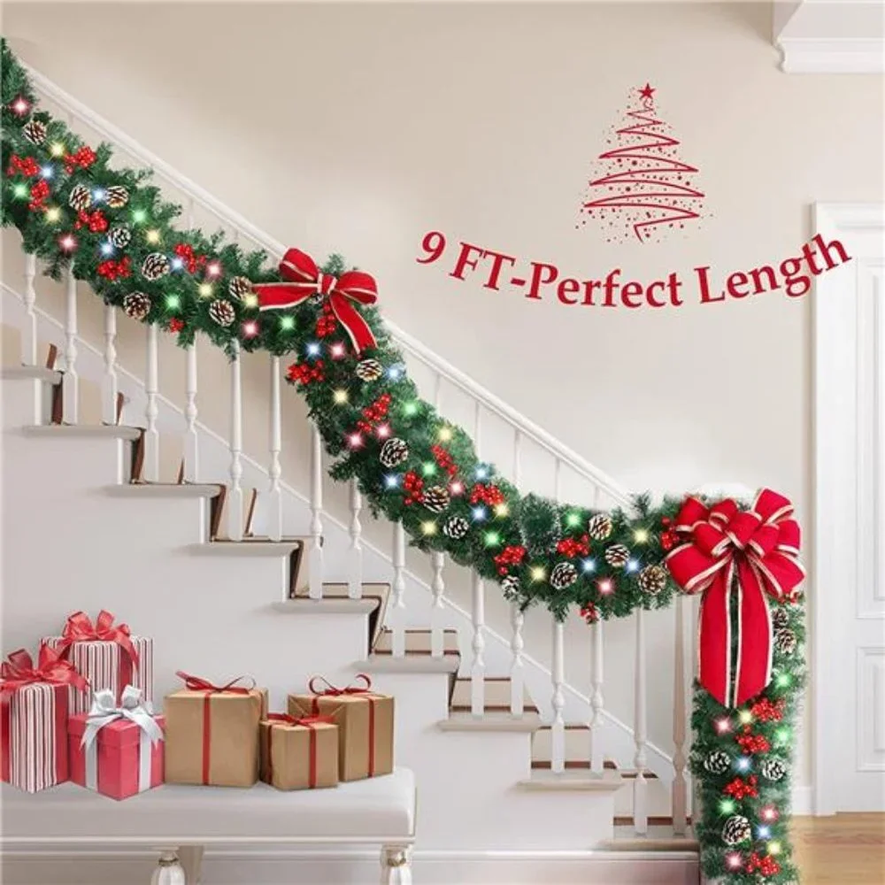 9Ft Christmas Garland w/ 100 LED Lights Pre-Lit Xmas Garland for Indoor Outdoor